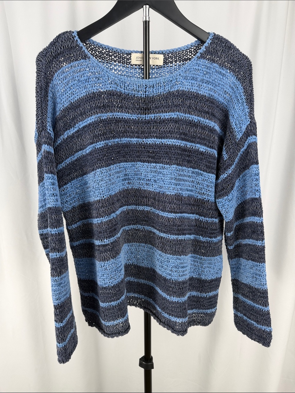 Jones New York Blue and Navy Striped Open-Knit Crewneck Sweater